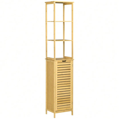 kleankin Badschrank aus Bambus, 173 cm hoher Badezimmerschrank mit 3 offenen Fächern & 1 Schrank, mit Kippschutz und Drucköffnung, freistehend für kleine Badezimmer, Natur