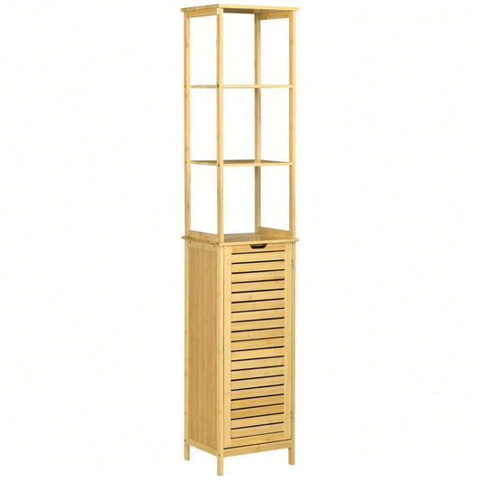 kleankin Badschrank aus Bambus, 173 cm hoher Badezimmerschrank mit 3 offenen Fächern & 1 Schrank, mit Kippschutz und Drucköffnung, freistehend für kleine Badezimmer, Natur