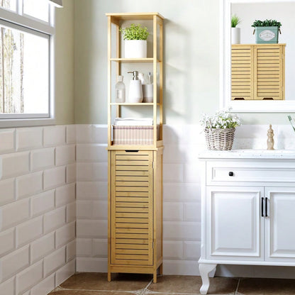 kleankin Badschrank aus Bambus, 173 cm hoher Badezimmerschrank mit 3 offenen Fächern & 1 Schrank, mit Kippschutz und Drucköffnung, freistehend für kleine Badezimmer, Natur