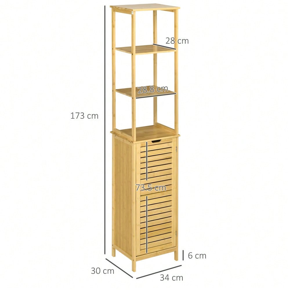 kleankin Badschrank aus Bambus, 173 cm hoher Badezimmerschrank mit 3 offenen Fächern & 1 Schrank, mit Kippschutz und Drucköffnung, freistehend für kleine Badezimmer, Natur
