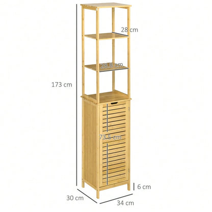 kleankin Badschrank aus Bambus, 173 cm hoher Badezimmerschrank mit 3 offenen Fächern & 1 Schrank, mit Kippschutz und Drucköffnung, freistehend für kleine Badezimmer, Natur