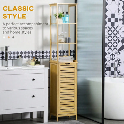 kleankin Badschrank aus Bambus, 173 cm hoher Badezimmerschrank mit 3 offenen Fächern & 1 Schrank, mit Kippschutz und Drucköffnung, freistehend für kleine Badezimmer, Natur