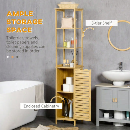 kleankin Badschrank aus Bambus, 173 cm hoher Badezimmerschrank mit 3 offenen Fächern & 1 Schrank, mit Kippschutz und Drucköffnung, freistehend für kleine Badezimmer, Natur