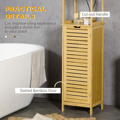 kleankin Badschrank aus Bambus, 173 cm hoher Badezimmerschrank mit 3 offenen Fächern & 1 Schrank, mit Kippschutz und Drucköffnung, freistehend für kleine Badezimmer, Natur