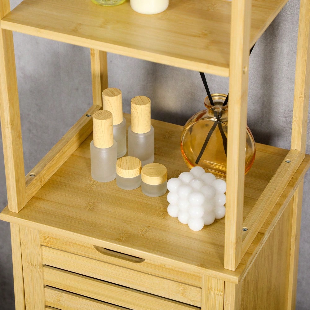 kleankin Badschrank aus Bambus, 173 cm hoher Badezimmerschrank mit 3 offenen Fächern & 1 Schrank, mit Kippschutz und Drucköffnung, freistehend für kleine Badezimmer, Natur