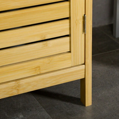kleankin Badschrank aus Bambus, 173 cm hoher Badezimmerschrank mit 3 offenen Fächern & 1 Schrank, mit Kippschutz und Drucköffnung, freistehend für kleine Badezimmer, Natur