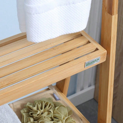 kleankin Bambus Handtuchständer faltbar mit 3 Ablagen, Handtuchhalter mit 3 Stangen, platzsparende Aufbewahrung für Badezimmer, WC, Sauna, Natur, 53x30.5x152 cm