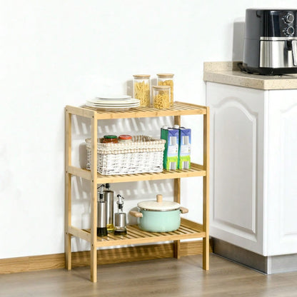 HOMCOM Küchenregal aus Bambus, 3-etagiges Standregal für Bad, Küche, Flur, Wohnzimmer, platzsparendes Möbelstück mit 3 Ablagen, Natur, 62x33x80 cm