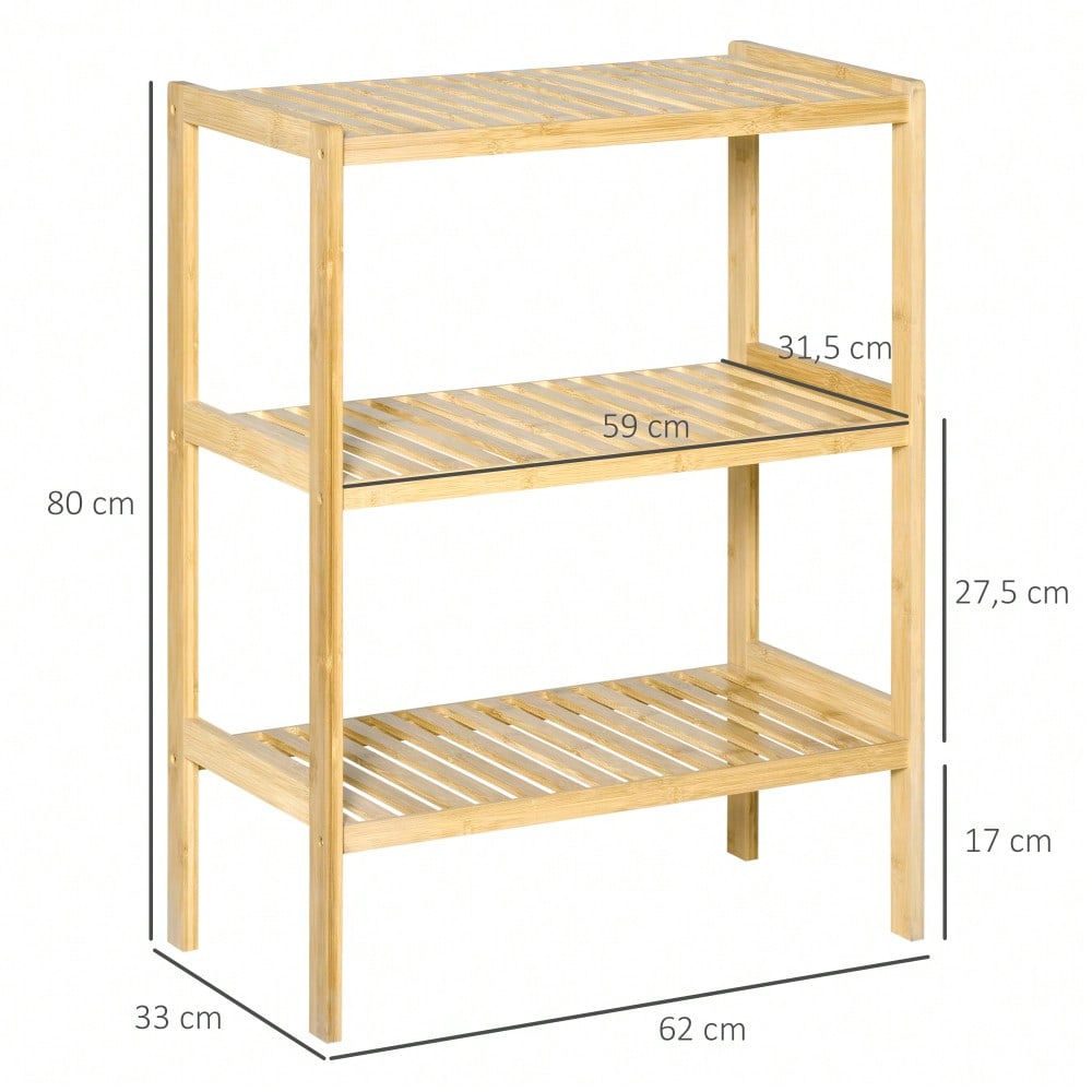 HOMCOM Küchenregal aus Bambus, 3-etagiges Standregal für Bad, Küche, Flur, Wohnzimmer, platzsparendes Möbelstück mit 3 Ablagen, Natur, 62x33x80 cm