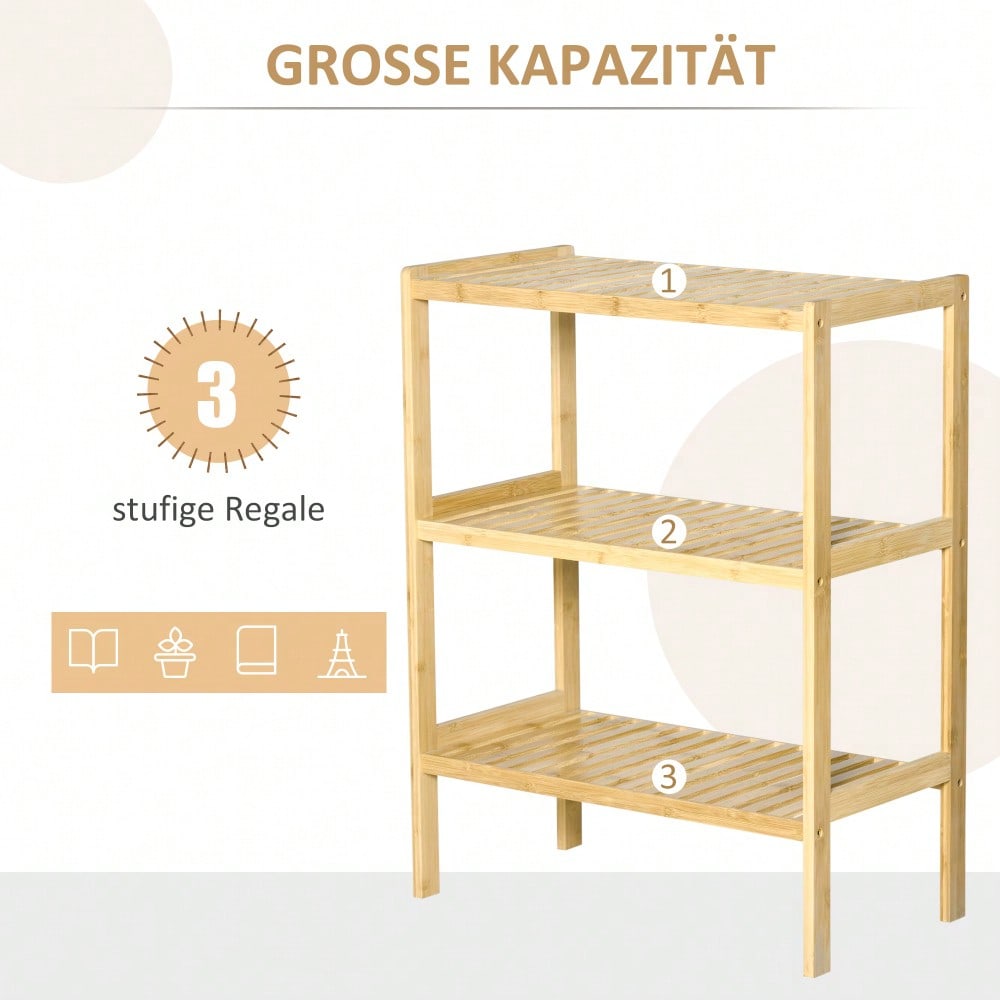 HOMCOM Küchenregal aus Bambus, 3-etagiges Standregal für Bad, Küche, Flur, Wohnzimmer, platzsparendes Möbelstück mit 3 Ablagen, Natur, 62x33x80 cm