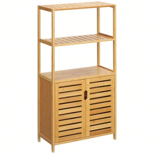 kleankin Badezimmerschrank, Badezimmerkommode mit Lamellentüren, Badregal, Bambusholz, Naturholz