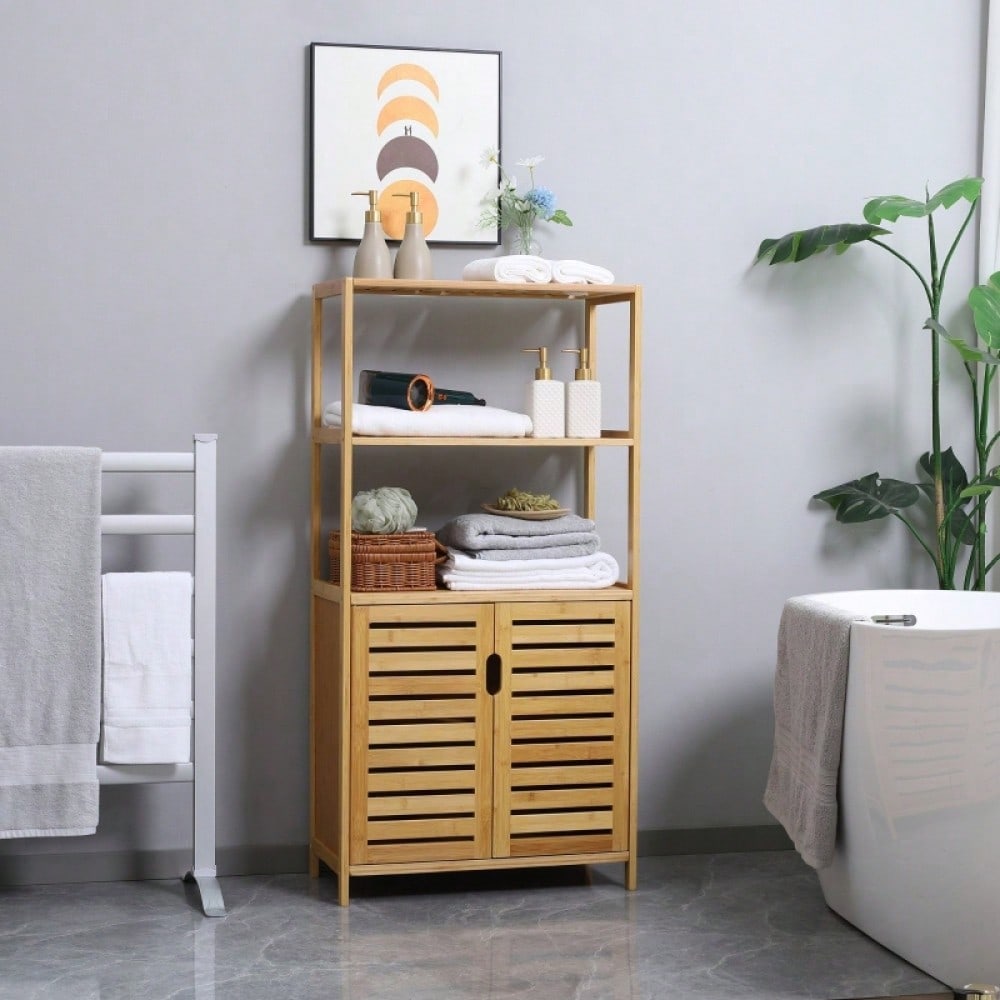 kleankin Badezimmerschrank, Badezimmerkommode mit Lamellentüren, Badregal, Bambusholz, Naturholz