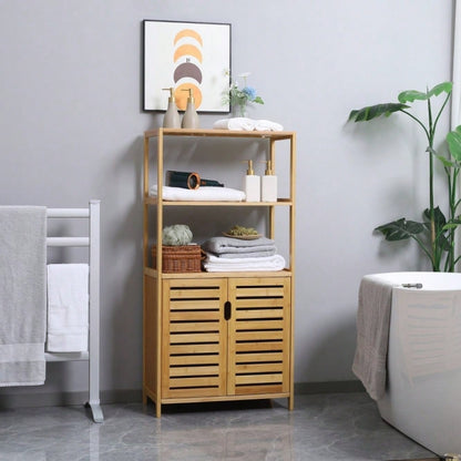kleankin Badezimmerschrank, Badezimmerkommode mit Lamellentüren, Badregal, Bambusholz, Naturholz