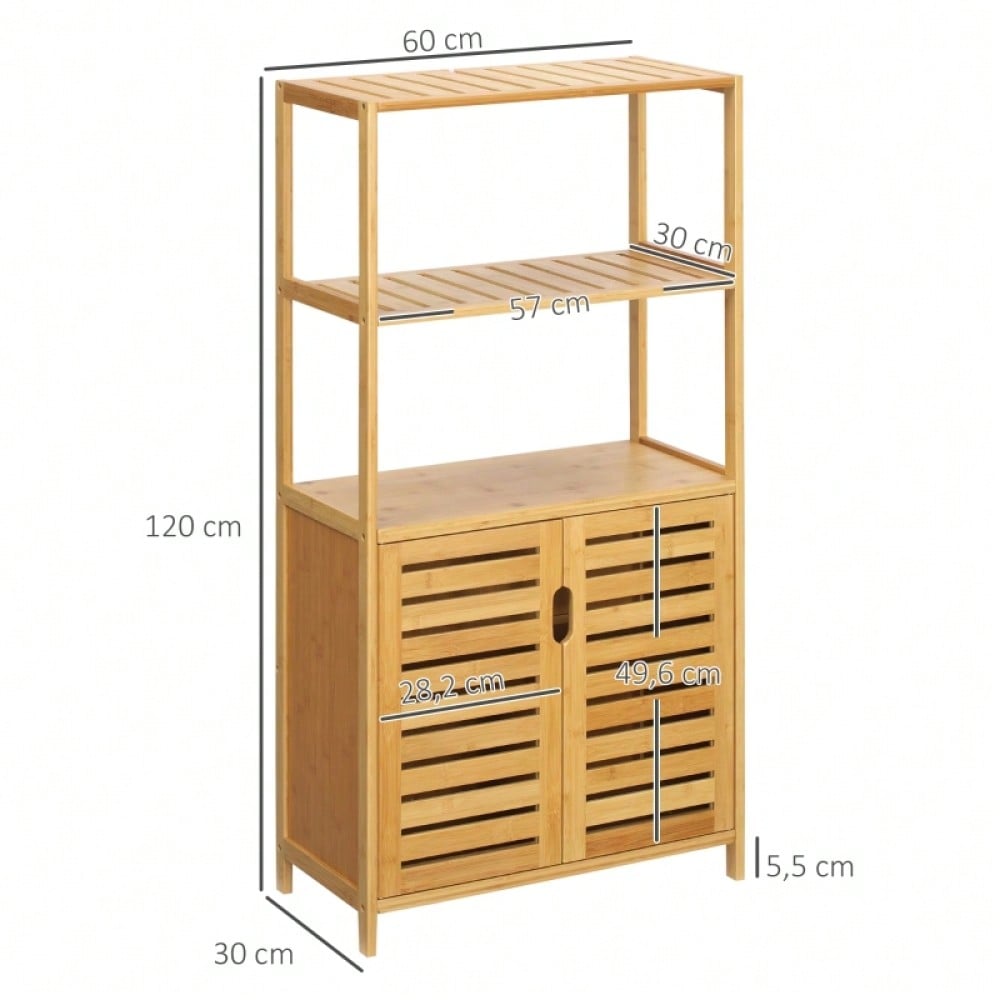 kleankin Badezimmerschrank, Badezimmerkommode mit Lamellentüren, Badregal, Bambusholz, Naturholz