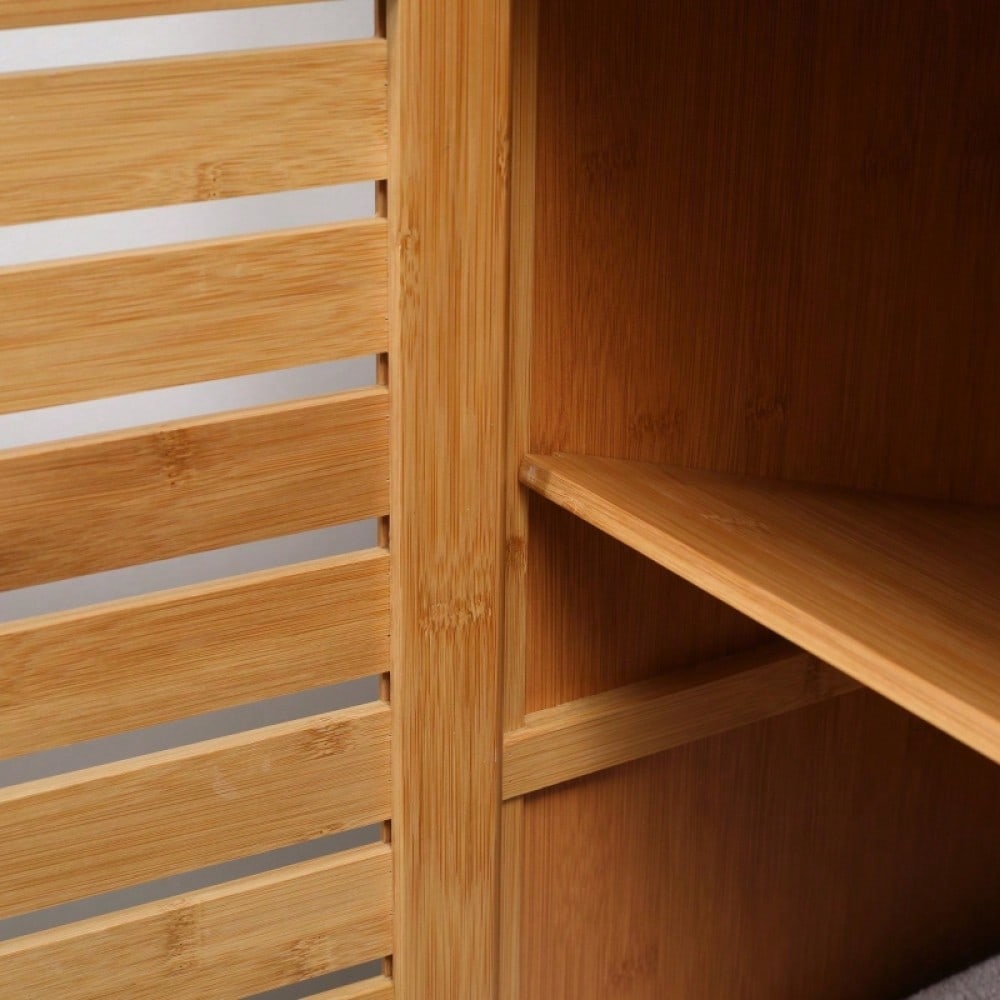 kleankin Badezimmerschrank, Badezimmerkommode mit Lamellentüren, Badregal, Bambusholz, Naturholz