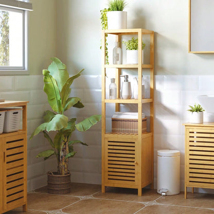 HOMCOM Badezimmerschrank aus Bambus, 140 cm hoher Badschrank mit 3 offenen Fächern, schmaler Toilettenschrank für optimale Aufbewahrung, Natur, 36x33 cm (BxT)