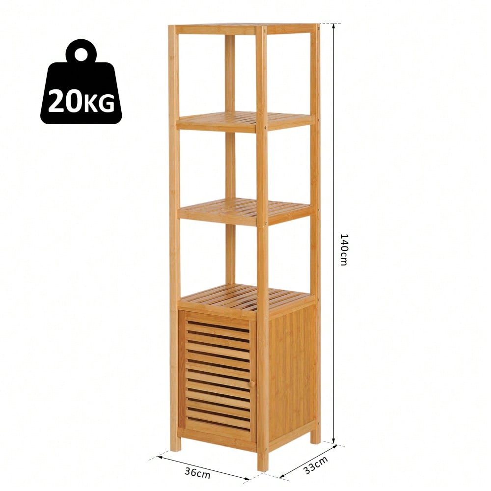 HOMCOM Badezimmerschrank aus Bambus, 140 cm hoher Badschrank mit 3 offenen Fächern, schmaler Toilettenschrank für optimale Aufbewahrung, Natur, 36x33 cm (BxT)
