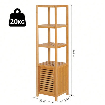 HOMCOM Badezimmerschrank aus Bambus, 140 cm hoher Badschrank mit 3 offenen Fächern, schmaler Toilettenschrank für optimale Aufbewahrung, Natur, 36x33 cm (BxT)
