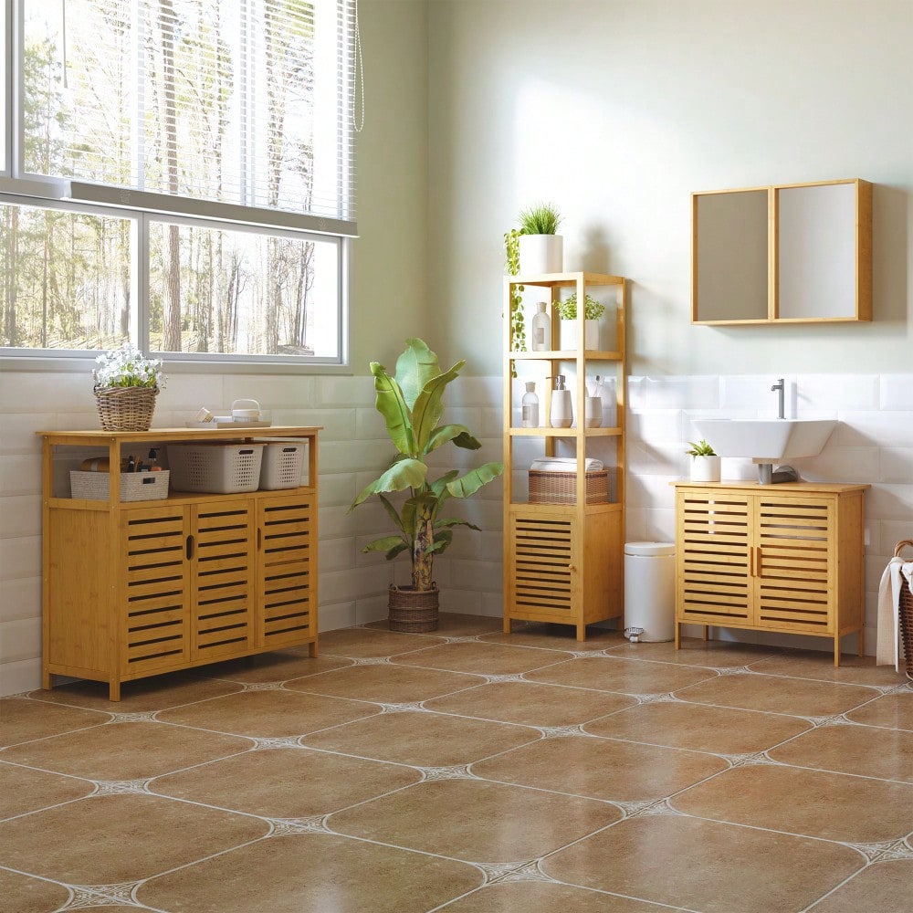 HOMCOM Badezimmerschrank aus Bambus, 140 cm hoher Badschrank mit 3 offenen Fächern, schmaler Toilettenschrank für optimale Aufbewahrung, Natur, 36x33 cm (BxT)
