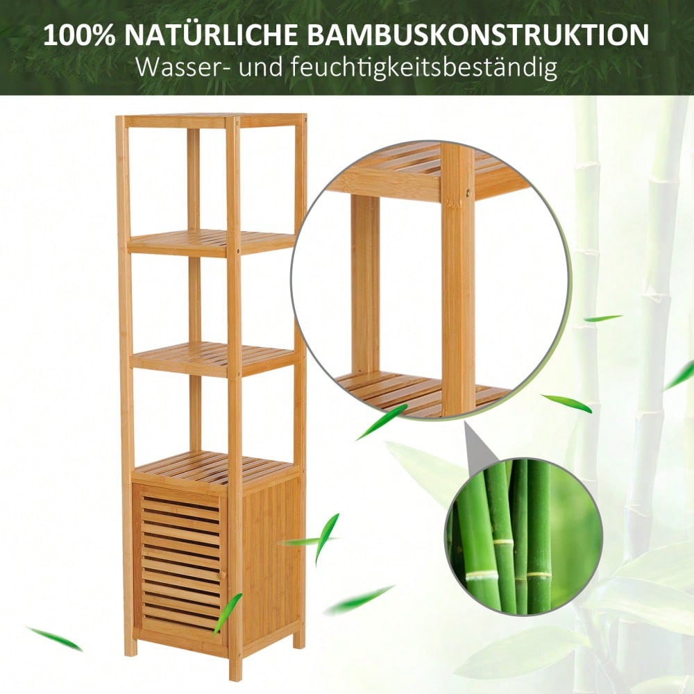 HOMCOM Badezimmerschrank aus Bambus, 140 cm hoher Badschrank mit 3 offenen Fächern, schmaler Toilettenschrank für optimale Aufbewahrung, Natur, 36x33 cm (BxT)