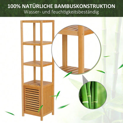 HOMCOM Badezimmerschrank aus Bambus, 140 cm hoher Badschrank mit 3 offenen Fächern, schmaler Toilettenschrank für optimale Aufbewahrung, Natur, 36x33 cm (BxT)