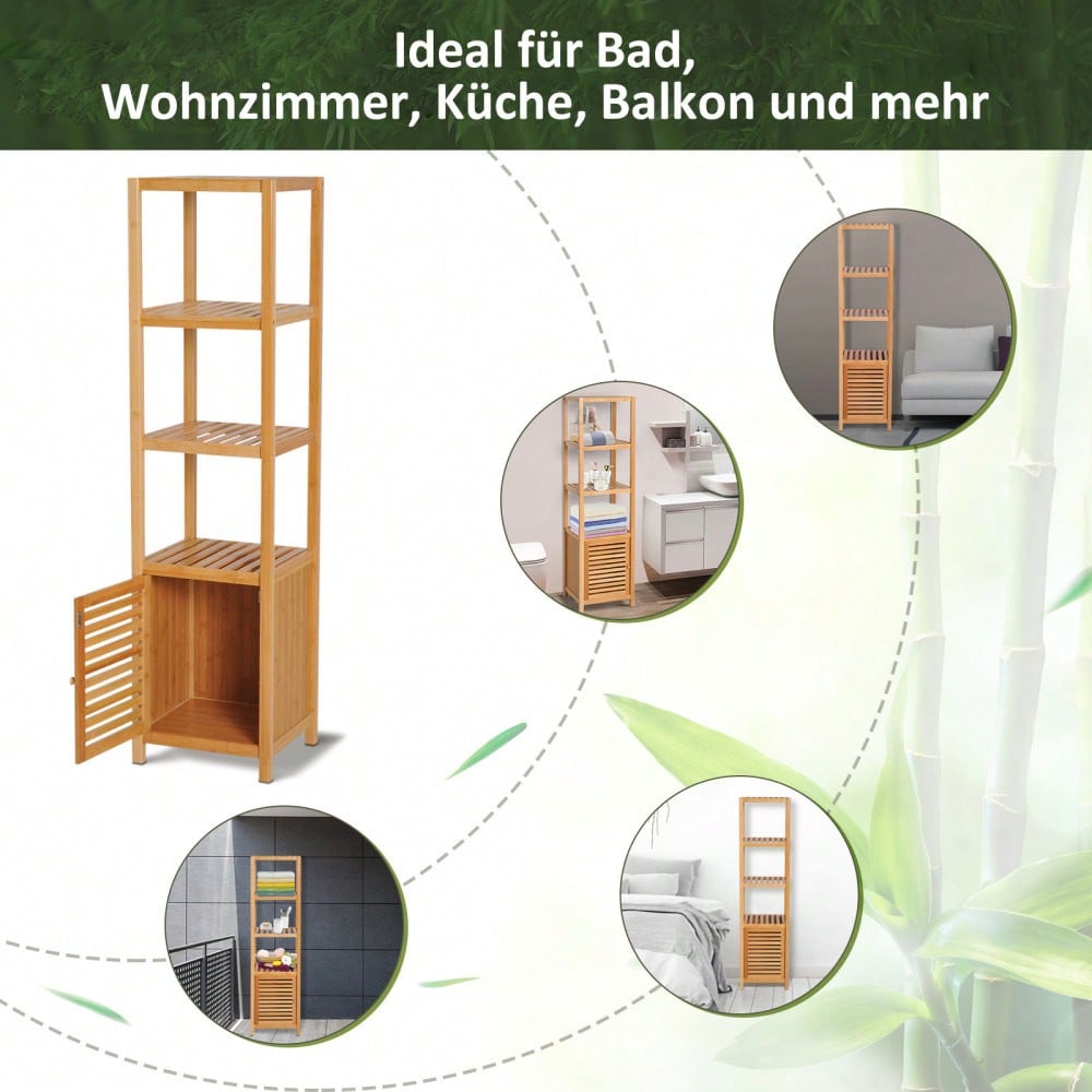 HOMCOM Badezimmerschrank aus Bambus, 140 cm hoher Badschrank mit 3 offenen Fächern, schmaler Toilettenschrank für optimale Aufbewahrung, Natur, 36x33 cm (BxT)