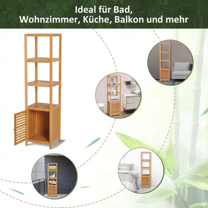 HOMCOM Badezimmerschrank aus Bambus, 140 cm hoher Badschrank mit 3 offenen Fächern, schmaler Toilettenschrank für optimale Aufbewahrung, Natur, 36x33 cm (BxT)