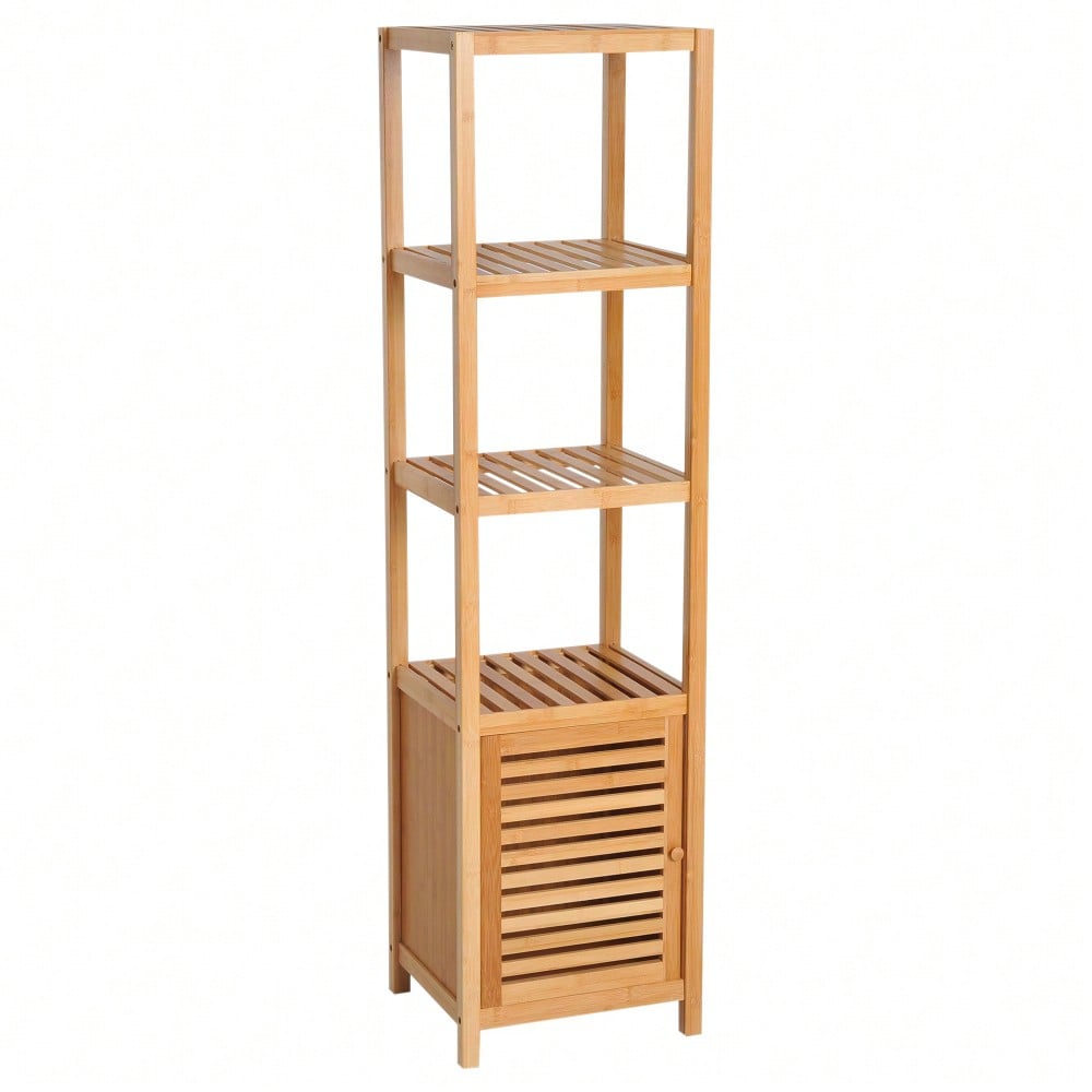 HOMCOM Badezimmerschrank aus Bambus, 140 cm hoher Badschrank mit 3 offenen Fächern, schmaler Toilettenschrank für optimale Aufbewahrung, Natur, 36x33 cm (BxT)