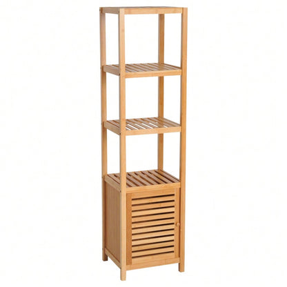 HOMCOM Badezimmerschrank aus Bambus, 140 cm hoher Badschrank mit 3 offenen Fächern, schmaler Toilettenschrank für optimale Aufbewahrung, Natur, 36x33 cm (BxT)