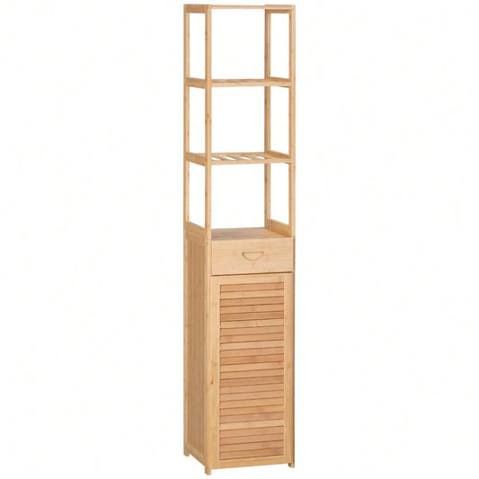 kleankin Badezimmerschrank aus Bambus, 163 cm hoher Badschrank mit 1 Schublade, 3 Ablagen & offenem Fach, schmaler Bambus Schrank für Badezimmer, Natur, 32x30 cm (BxT)