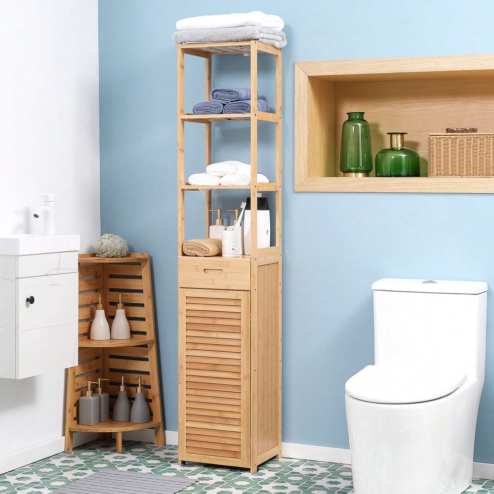 kleankin Badezimmerschrank aus Bambus, 163 cm hoher Badschrank mit 1 Schublade, 3 Ablagen & offenem Fach, schmaler Bambus Schrank für Badezimmer, Natur, 32x30 cm (BxT)