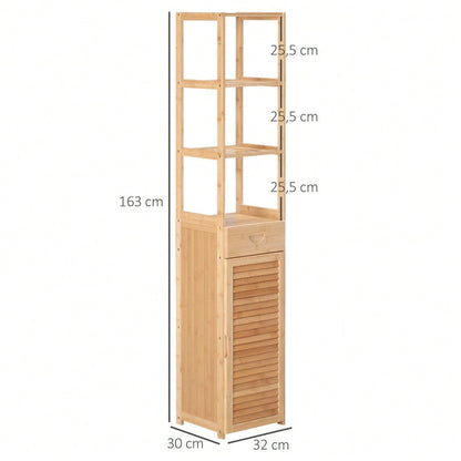 kleankin Badezimmerschrank aus Bambus, 163 cm hoher Badschrank mit 1 Schublade, 3 Ablagen & offenem Fach, schmaler Bambus Schrank für Badezimmer, Natur, 32x30 cm (BxT)