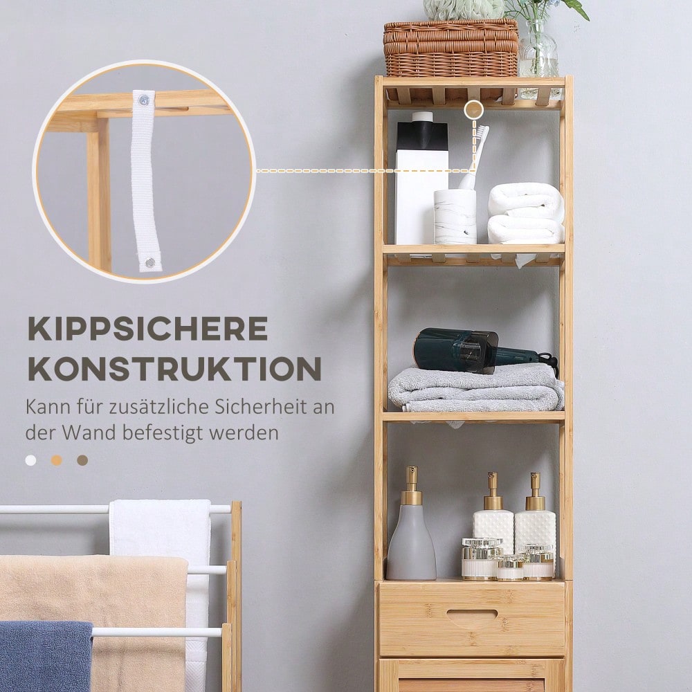 kleankin Badezimmerschrank aus Bambus, 163 cm hoher Badschrank mit 1 Schublade, 3 Ablagen & offenem Fach, schmaler Bambus Schrank für Badezimmer, Natur, 32x30 cm (BxT)