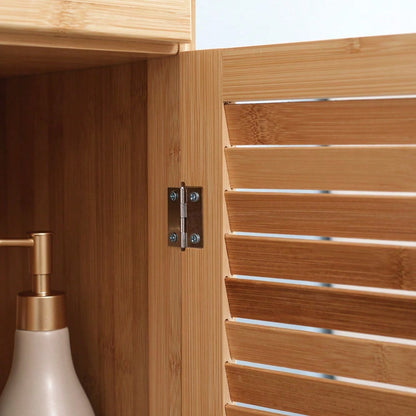 kleankin Badezimmerschrank aus Bambus, 163 cm hoher Badschrank mit 1 Schublade, 3 Ablagen & offenem Fach, schmaler Bambus Schrank für Badezimmer, Natur, 32x30 cm (BxT)