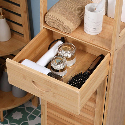 kleankin Badezimmerschrank aus Bambus, 163 cm hoher Badschrank mit 1 Schublade, 3 Ablagen & offenem Fach, schmaler Bambus Schrank für Badezimmer, Natur, 32x30 cm (BxT)