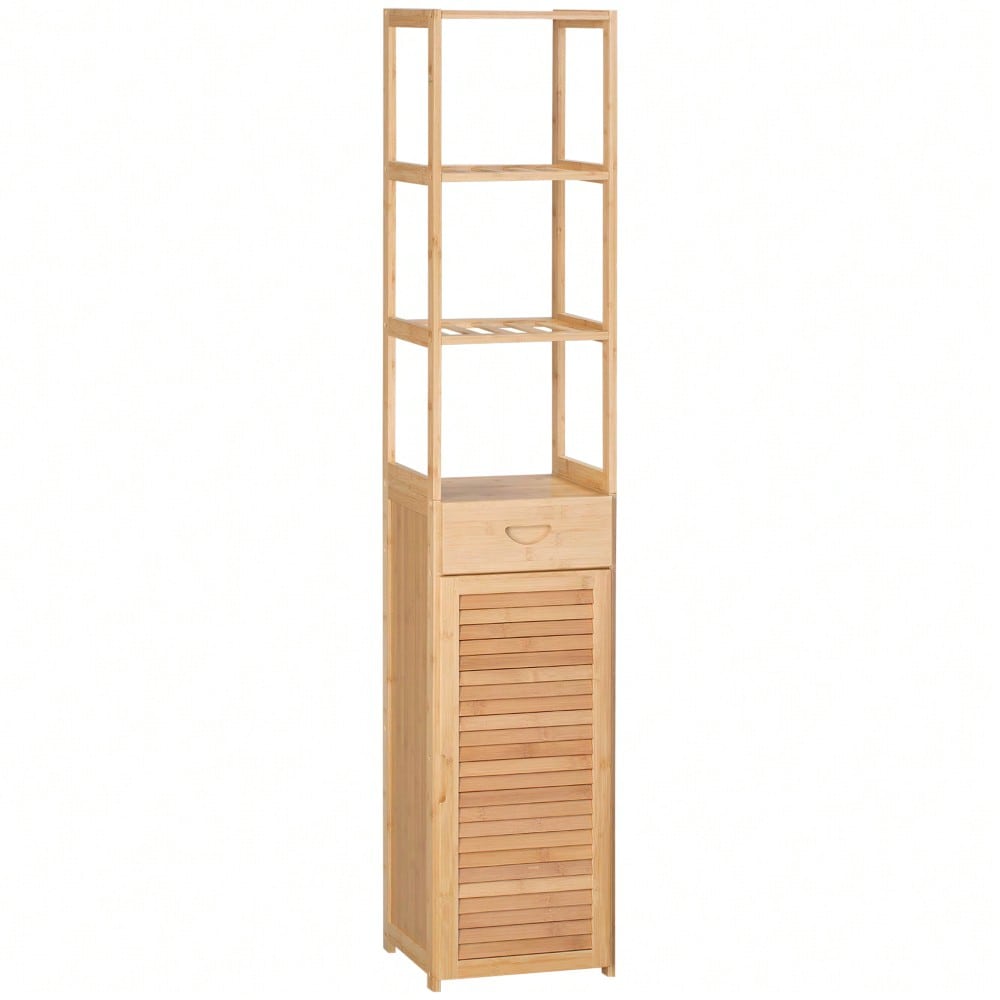 kleankin Badezimmerschrank aus Bambus, 163 cm hoher Badschrank mit 1 Schublade, 3 Ablagen & offenem Fach, schmaler Bambus Schrank für Badezimmer, Natur, 32x30 cm (BxT)