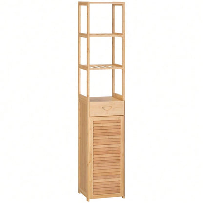 kleankin Badezimmerschrank aus Bambus, 163 cm hoher Badschrank mit 1 Schublade, 3 Ablagen & offenem Fach, schmaler Bambus Schrank für Badezimmer, Natur, 32x30 cm (BxT)