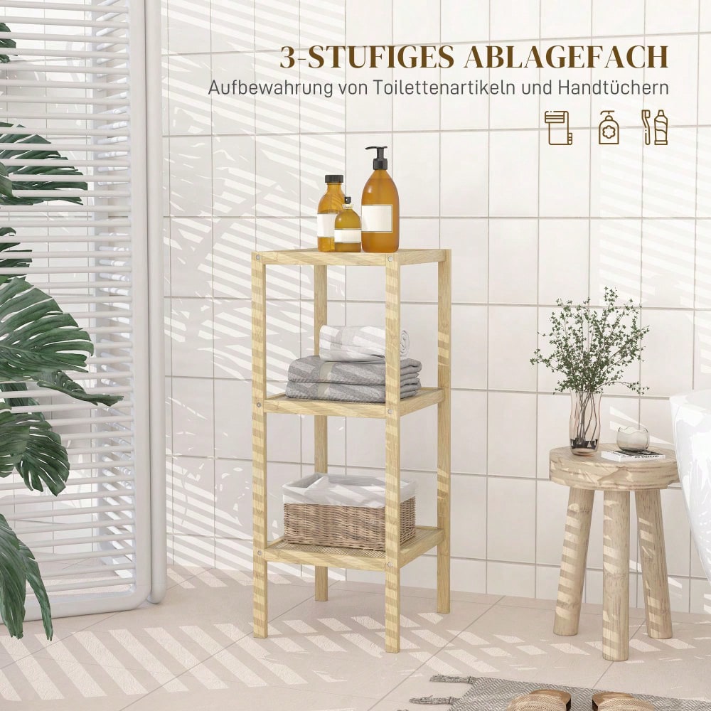 HOMCOM Badregal aus Bambus mit 3 Ebenen, 78 cm hohes Badezimmerregal mit Fußpolster, Standregal für Küche, Bad, Wohnzimmer, platzsparend, Natur, 33x31 cm (BxT)