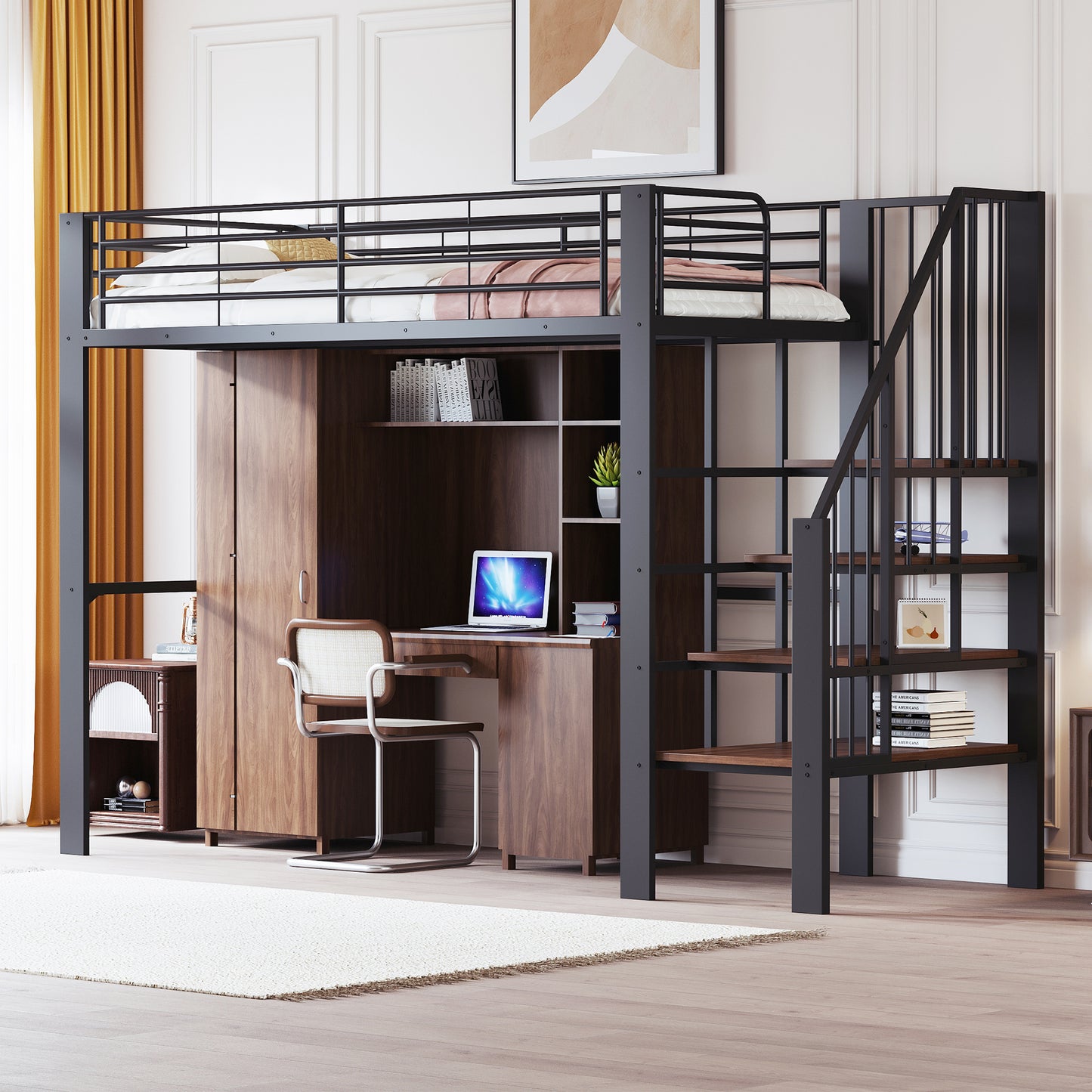 Gigab2b original image - Hochbett 90 x 200 Stabile Metallkonstruktion mit geräumigem Stauraum unter dem Bett und Treppe Ideal für Kinder und Erwachsene Stauraumbett für maximale Platzeffizienz