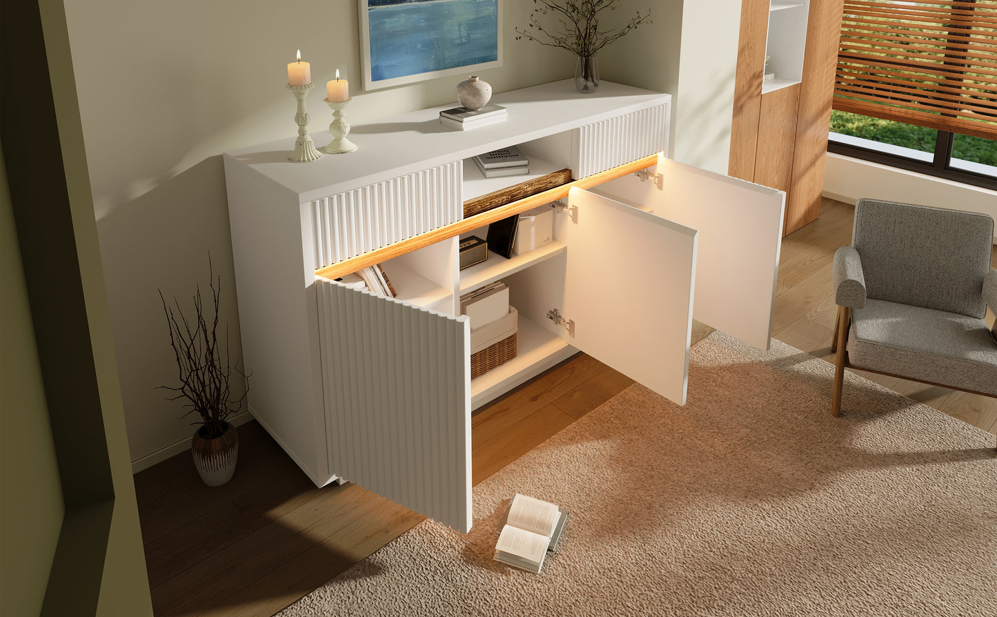 Sideboard Weiß mit LED 140x40x85 cm, Kommode mit 2 Schubladen und 3 Türen, Schrank mit verstellbaren Einlegeböden, moderner Wohnzimmerschrank Flur Küchenschrank