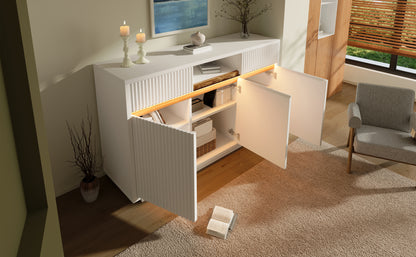 Sideboard Weiß mit LED 140x40x85 cm, Kommode mit 2 Schubladen und 3 Türen, Schrank mit verstellbaren Einlegeböden, moderner Wohnzimmerschrank Flur Küchenschrank
