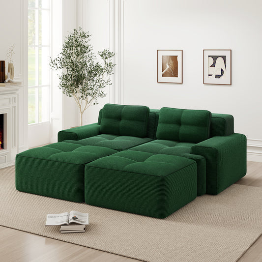 Cloud Modulsofa Boneless U-förmiges Sofa, bequemes Corduroy-Cloud-Sofa, Modulares Sofa mit Ottoman, Modulares Zweisitzer-Sofa, 2-Sitzer Sofa mit Tiefem Sitz für Wohnzimmer, Montagefreies Sofa, Grün