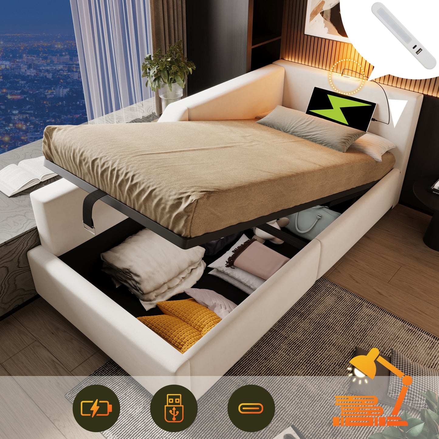 Gigab2b original image - Polsterbett Tagesbett Daybett 90x200cm, Schlafsofa mit hydraulischem Stauraum, Leselichtfunktion und USB-C-Ladefunktion, Kinderbett Jugendbett Bettgestell mit Lattenrost aus Holz, Samt, Beige