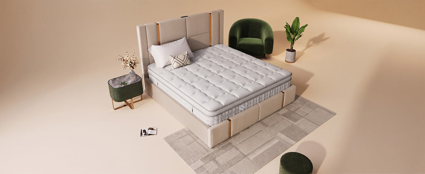 Polsterbett mit USB 140x200cm,LED Doppelbett  mit Lattenrost aus Metallrahmen,Bettgestell aus Leinenmaterial Jugendbett (Mit Matratze)