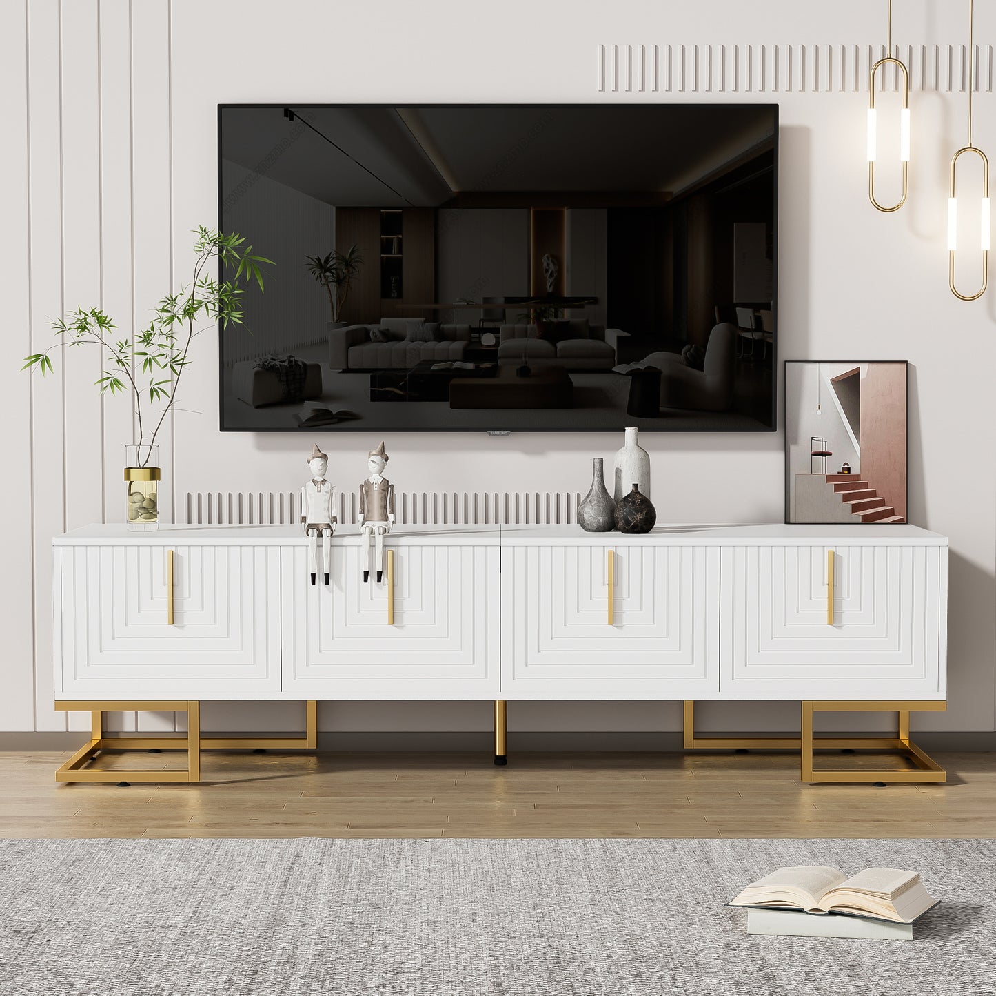 Gigab2b original image - TV-Schrank, lowboard mit strukturierter Tür, TV-Möbel, goldenen Griffen und goldenen Füßen