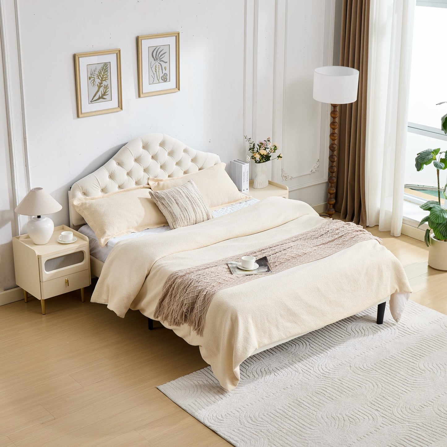 Gigab2b original image - Full Size Upholstered Platform Bed Frame with Adjustable Headboard, Velvet Single Bed with Wood Slat Support, No Box Spring Needed, Easy Assembly,140x200cm,Beige,DE601140BG