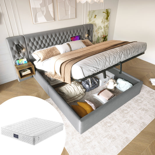 (=ABMA260234G)Bettanlage Schlafzimmer Komplett Set,Polsterbett Hydraulisch Stauraumbett Doppelbett 160×200 cm mit 2 Nachttischen, Kopfteil Leselicht mit USB Ladefunktion, Grau, Samt(Mit Matratze)
