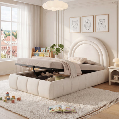 Polsterbett, Einzelbett, Kinderbett 90 x 200cm, hydraulisches Funktionsbett, Bett mit Lattenrost, Kopfteil und großem Stauraum, gepolstertes Kopfteil, samt, beige