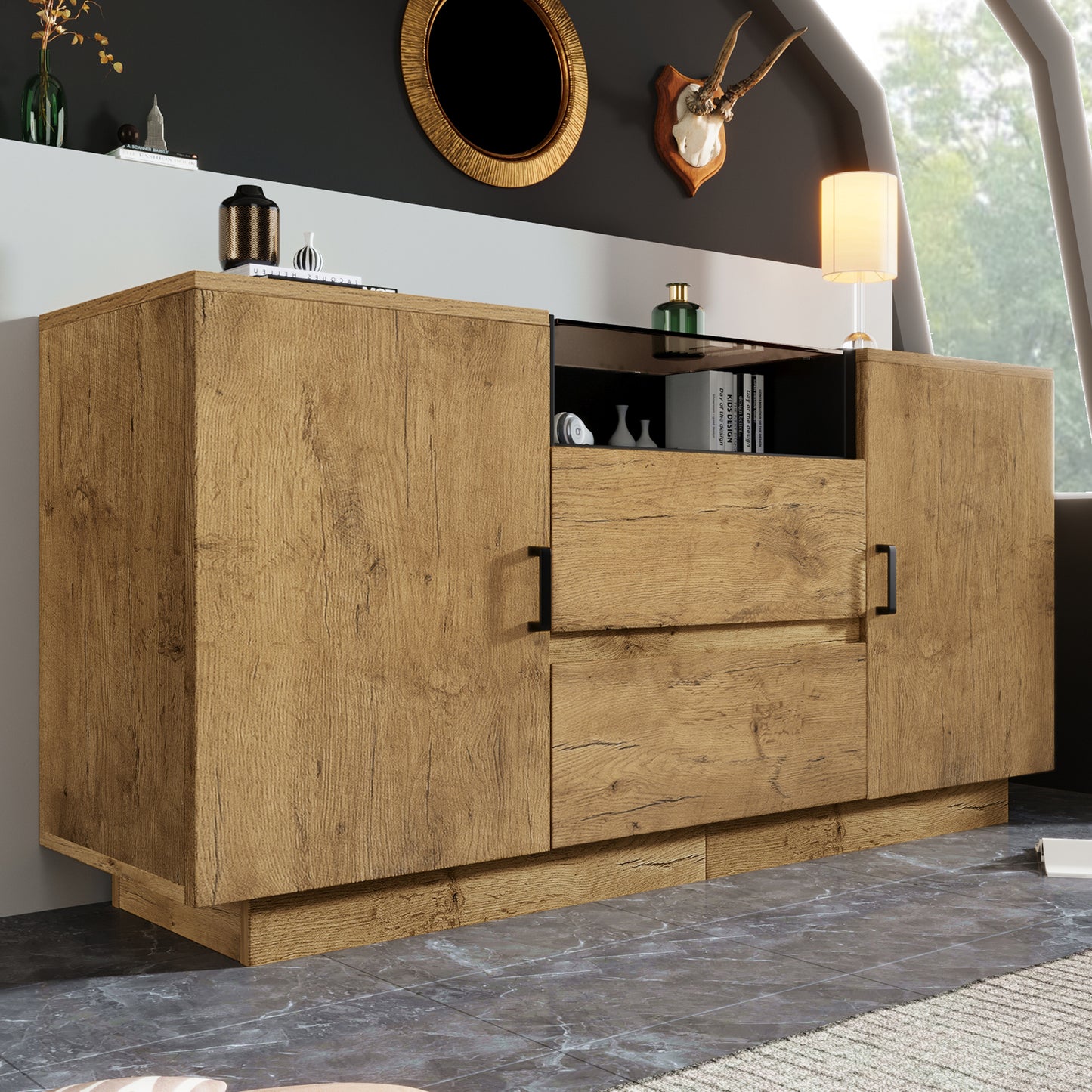 Gigab2b original image - Eichenoptik Kommode Sideboard mit 2 Schubladen + 2 Schränken (innen höhenverstellbar) & offenem Fach - ESG-Glas & schwarze Griffe, H70/B140/T40 cm