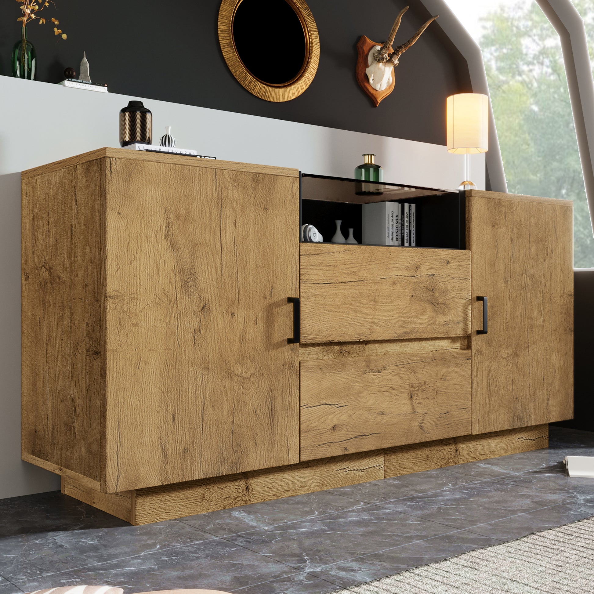 Gigab2b original image - Eichenoptik Kommode Sideboard mit 2 Schubladen + 2 Schränken (innen höhenverstellbar) & offenem Fach - ESG-Glas & schwarze Griffe, H70/B140/T40 cm